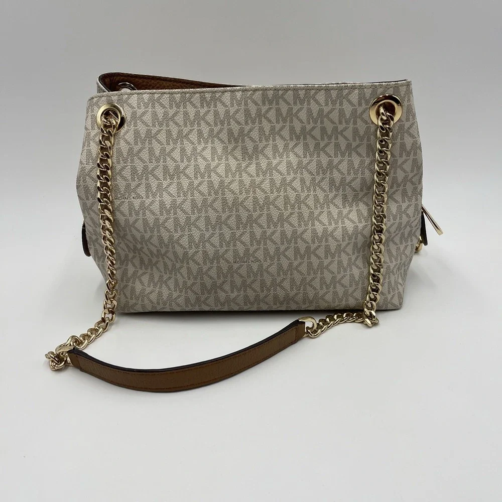 Michael Kors Jet Set Travel Beige Signature MK Logo Chain Shoulder‎ Tote Bag - Picture 6 of 16